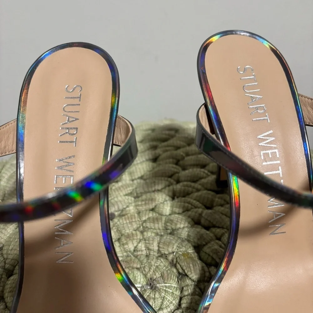 NEW Stuart Weitzman Aleena 100 Silver Hologram Square Toe Slip On Sandal Heels